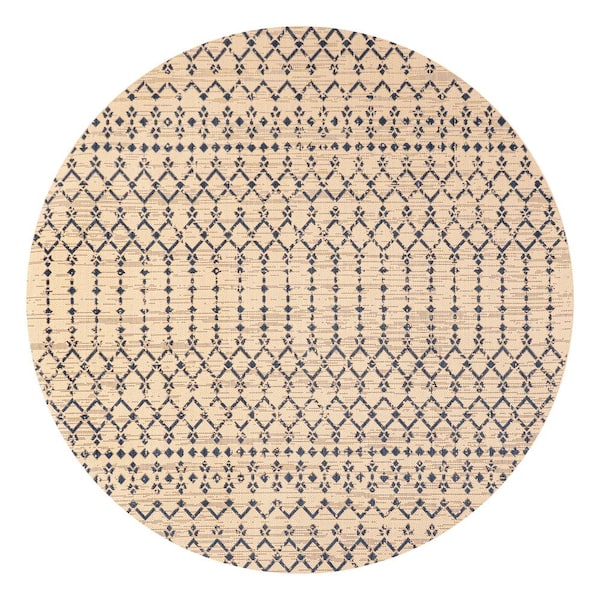 Ourika Moroccan Geometric Textured Weave Beige/Navy 5 ft. Round Indoor/Outdoor Area Rug