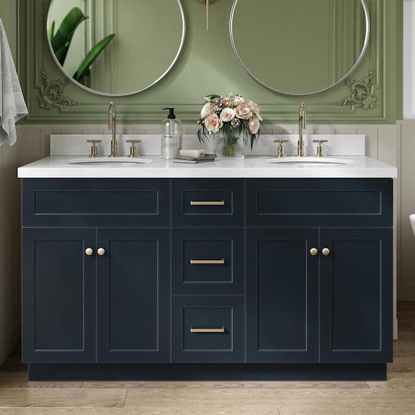 ARIEL Hamlet 60 in. Double Sink Freestanding Bathroom Vanity in Midnight Blue with Pure White Quartz Top