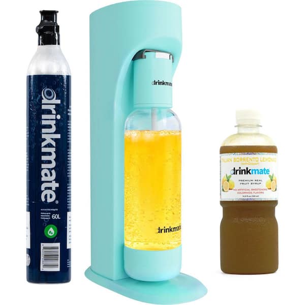 DrinkMate Artic Blue Sparkling Water and Soda Maker Machine Sparkle Up Bundle with 1 60L CO2 Cartridges and 1 Lemonade Syrup