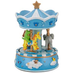 6 .5'' Children's Blue Rotating Sleepy Time Animal Friends Carousel Music Box