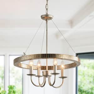 Farmhouse 4-Light Brushed Nickel Wagon Wheel Candle Style Chandelier