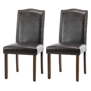 Brown Leather Upholstery Parsons Dining Accent Chair with Nailhead Trim (Set of 2)