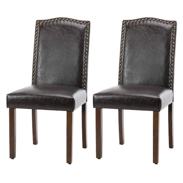 FIRNEWST Brown Leather Upholstery Parsons Dining Accent Chair with Nailhead Trim (Set of 2)