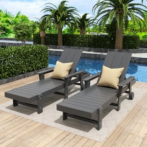 Shoreside 2-Piece Gray Fade Proof Plastic Portable Poly Reclining Outdoor Patio Chaise Lounge Arm Chairs with Wheels