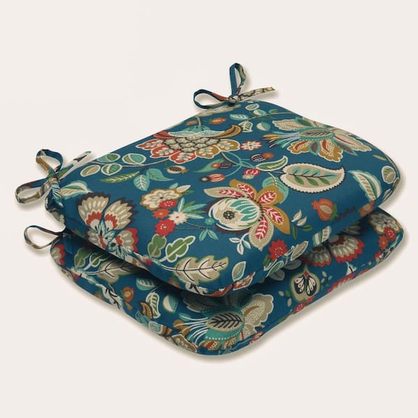 Pillow Perfect Floral 18.5 in. x 15.5 in. Outdoor Dining Chair Cushion in Blue/Tan (Set of 2)