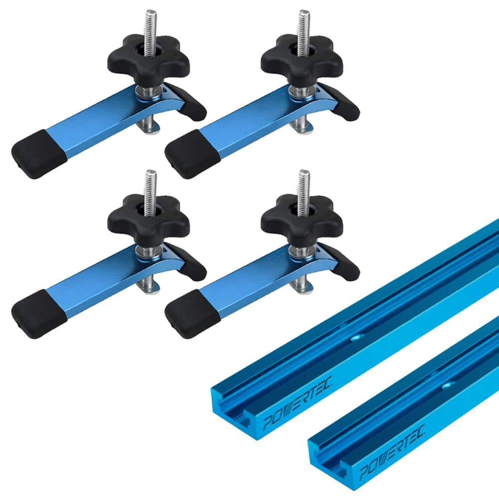 POWERTEC 24 in. x 2 Universal T Track with 4-Pieces Hold Down Clamp ...