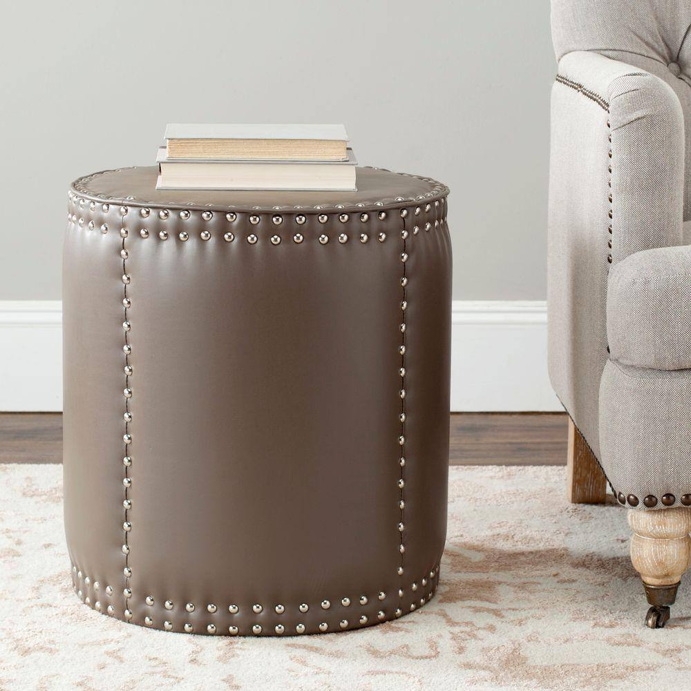 Clay Gray Bi-Cast Leather Round Ottoman with Brass Nailhead Trim