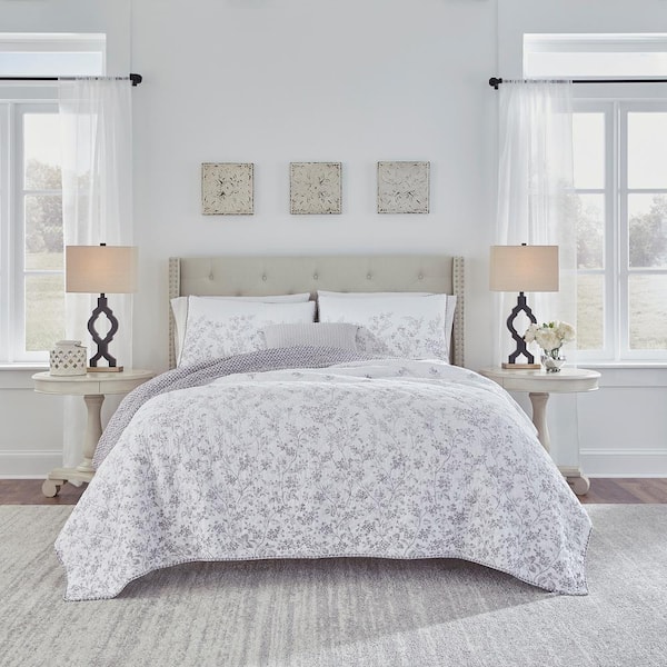 Laura Ashley Flora 3-Piece Gray Cotton King Quilt Set