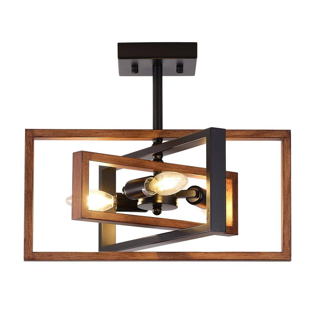 ADSENSTY 15.8 in. 3-Light Black and Imitation Wood Grain Farmhouse