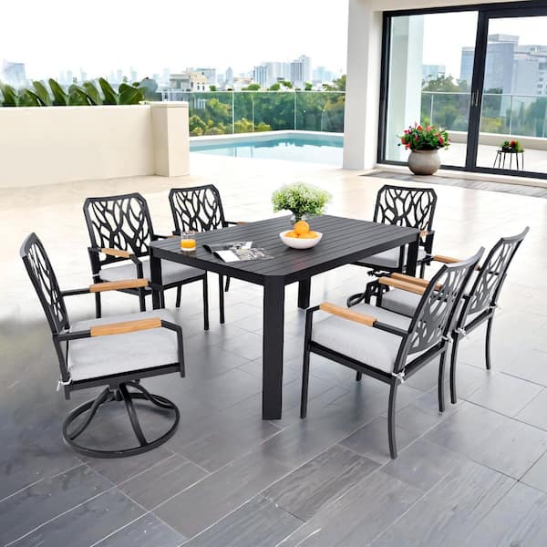 Black 7-Piece Aluminum Outdoor Dining Set with Grey Cushion /4 Dining Chairs+2 Swivel Rockers/59 in. Rectangle Table
