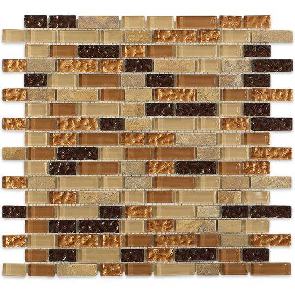 Splashback Tile Golden Trail Blend Bricks 12 in. x 12-1/2 in. x 8 mm Marble and Glass Floor and Wall Tile
