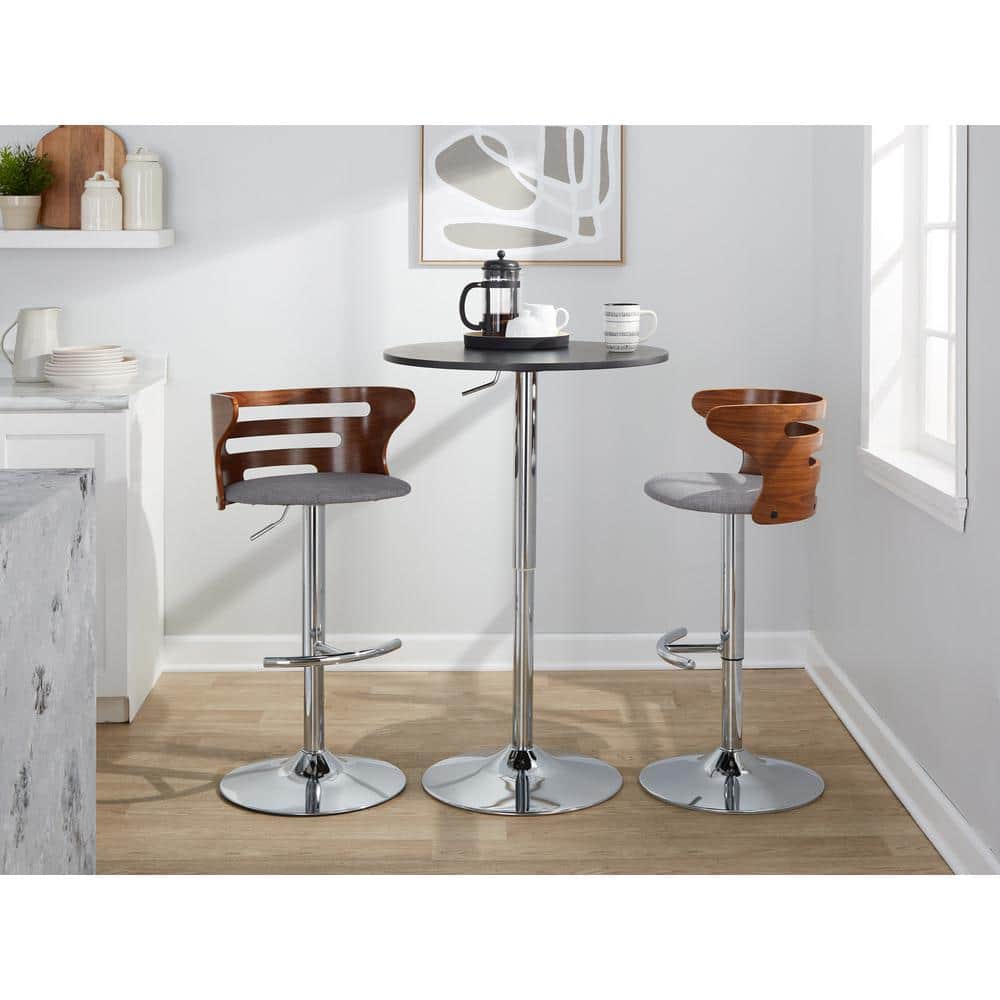 Walnut and Gray Adjustable Swivel Barstools with Metal Base