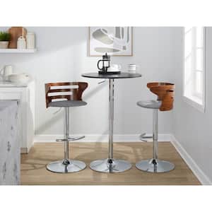 Cosi 32.25 in. Grey Fabric, Walnut Wood, and Chrome Metal Adjustable Bar Stool with Rounded T Footrest (Set of 2)