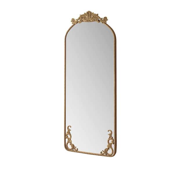 Bronze 24 in. W x 58 in. H Arched Metal Framed Mirror with Vintage Ornate Carved Applique