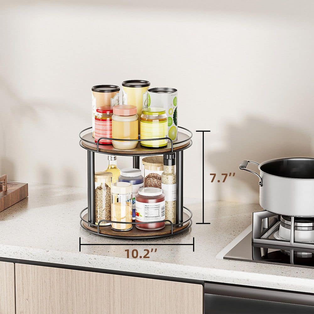 Wudkey 2-Tier 10.2 in. Wood Brown Turntable Spice Organizer for