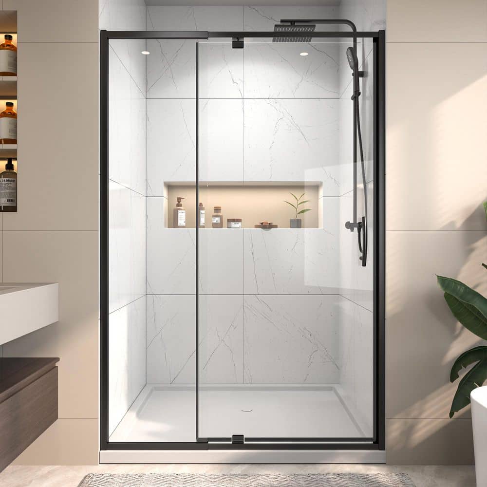 Vitrina 48 in. W x 71 in. H Pivot Swing Sliding Semi-Frameless Shower Door in Matte Black Finish with Tempered Glass price history on PriceWatchPro