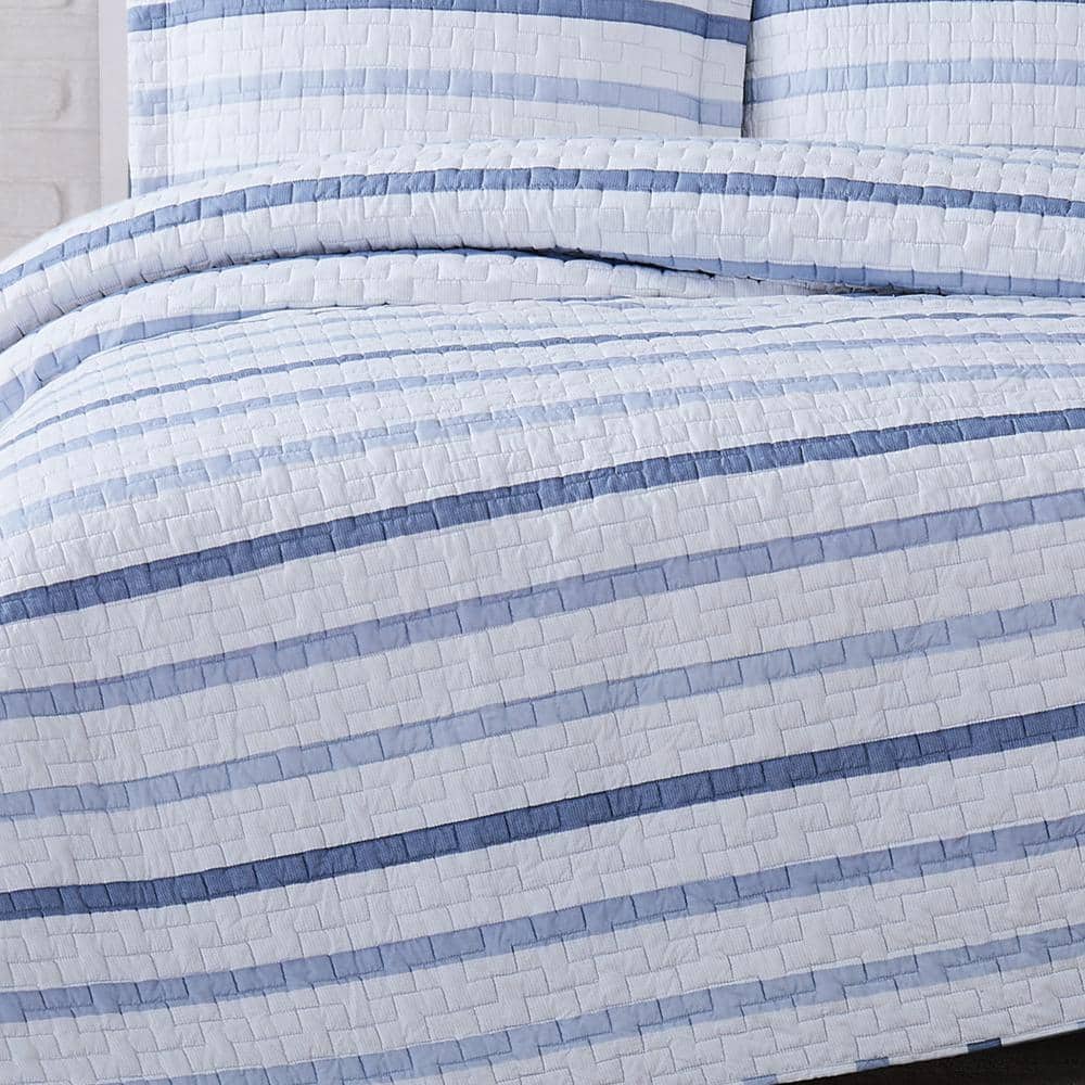 Cozy Waffle Stripe King Quilt Set in Blue - Microfiber Reversible