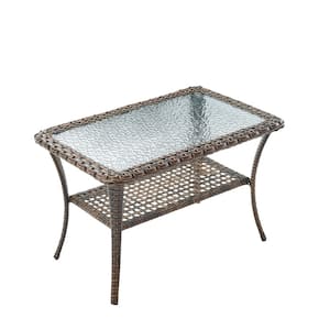 Brown Rectangle Wicker Outdoor Coffee Table with Tempered Glass Top