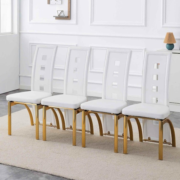 White/Gold PU Leather Metal Frame Dining Chairs Set of 4