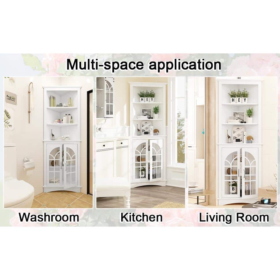 White MDF Corner Accent Cabinet with Adjustable Shelves and Glass Doors