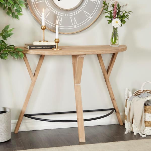 Litton Lane 42 in. Brown Extra Large Half Moon Wood Half Moon Console Table