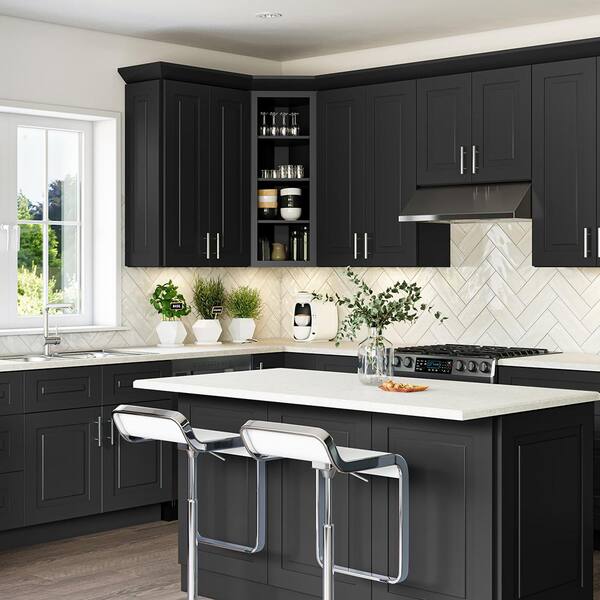 Grayson 15 in. W x 24 in. D x 34.5 in. H Assembled Plywood Base Kitchen Cabinet in Deep Onyx with Knife Block RH
