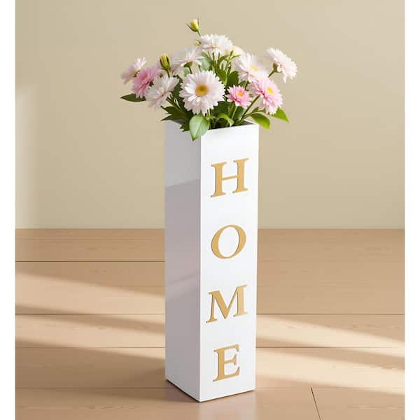 27.7 in. White Wood Rectangle Decorative Glass Vase