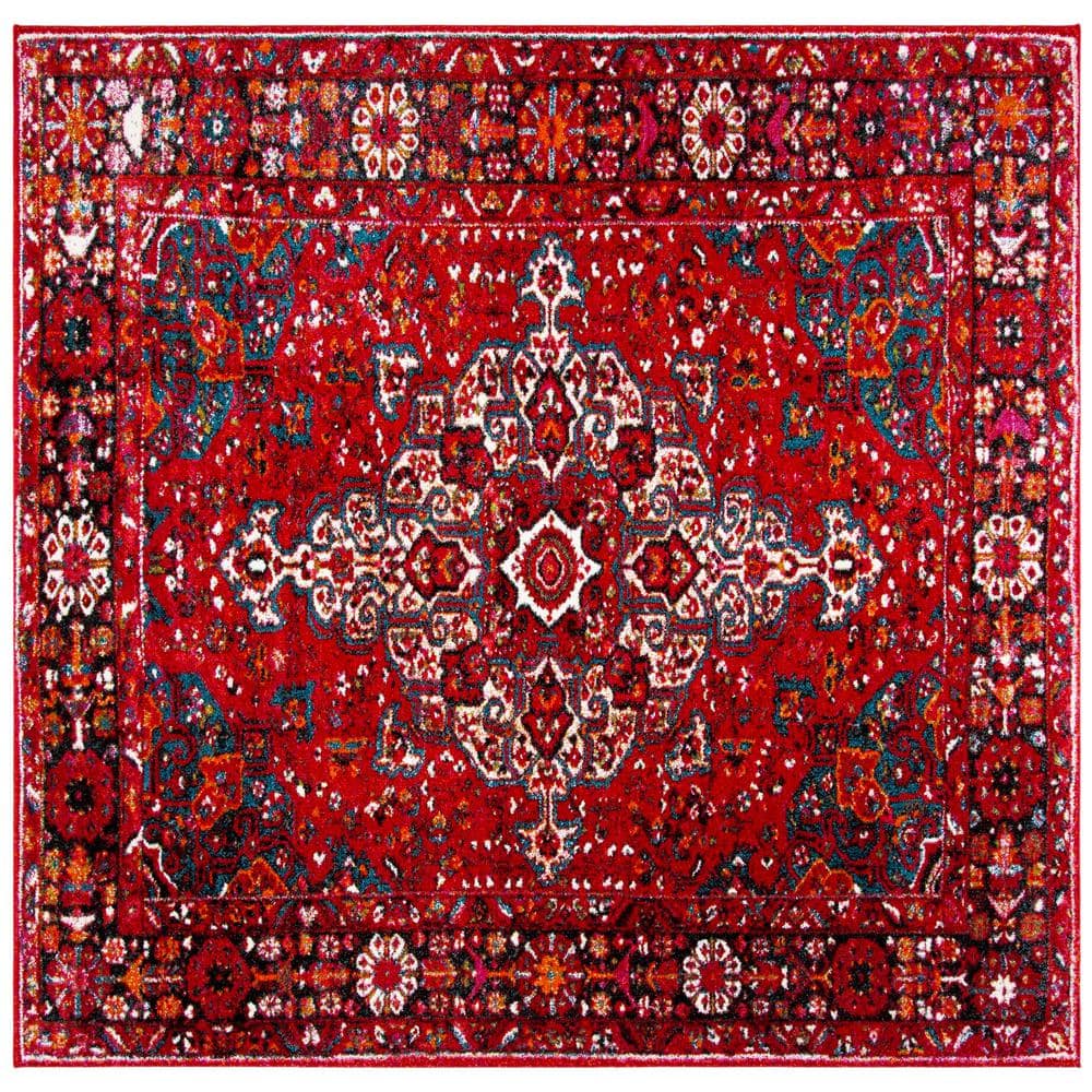 Handmade Red Floral Synthetic Square Area Rug, 3' x 3'