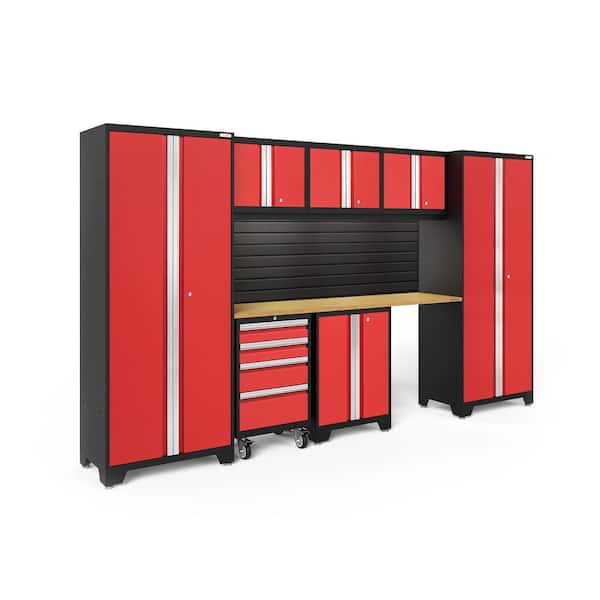 NewAge Products Bold Series 132 in. W x 76.75 in. H x 18 in. D 24-Gauge Steel Garage Cabinet Set in Red (8-Piece)