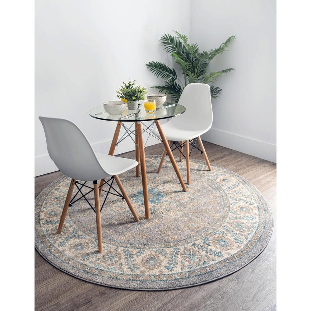 Salzburg Floral Medallion 5'1" Round Rug in Gray - Stain-Resistant