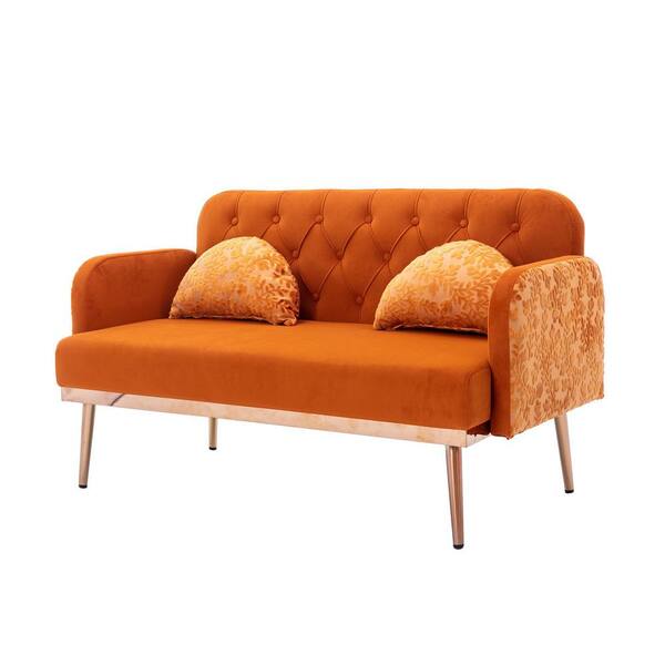 Orange Sofa Bed Velcro Fixed Arms Sleeper Loveseat w/ Coffee Table