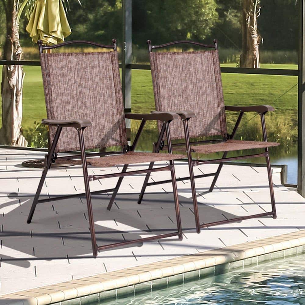 Brown Steel Frame Folding Patio Chairs Set of 2