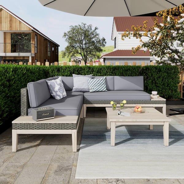 Unbranded Outdoor 4-Piece Wood and Wicker Grey Frame Patio Conversation Sectional Seating Set with CushionGuard, Grey Cushions