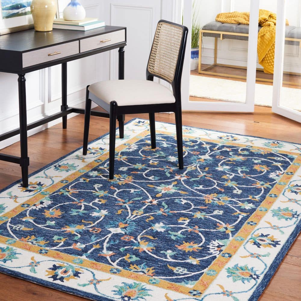 Ivory and Blue Handmade Tufted Wool Area Rug, 8' x 10'