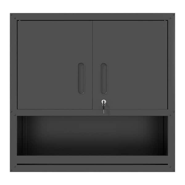 Metal Wall-Mounted Tool Storage Cabinet 195 lbs. in Black with Locking Door for Garage Warehouse, Office