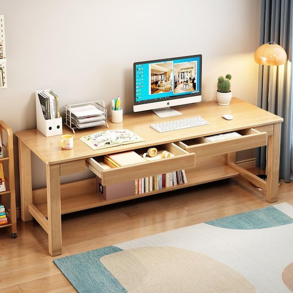 63 in. Beige Kids Study Desk, Solid Rubber Wood Home Office Desk with Storage Drawers