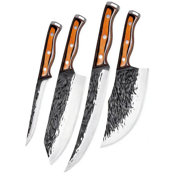 4-Piece Hand Forged High Carbon Steel Butcher Knife Set, Meat Cleaver, Serbian Chef Knife, Breaking Knife, Boning Knife