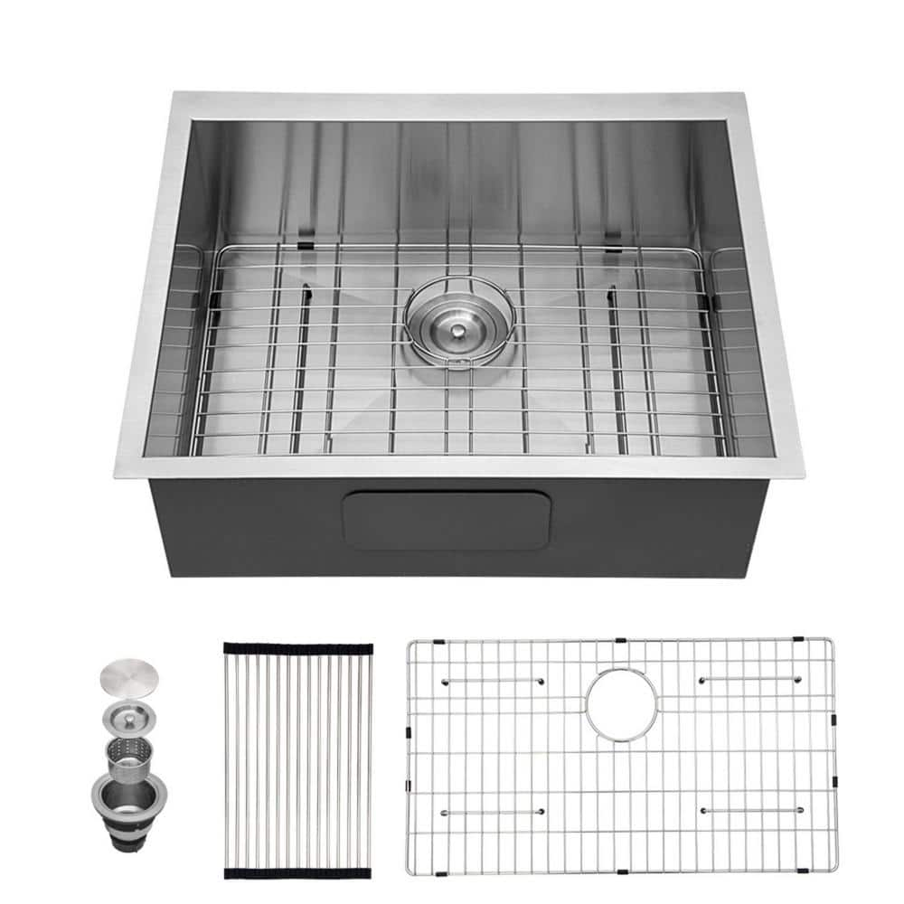 25 in. Undermount Single Bowl 18-Gauge Brushed Nickel Stainless Steel Kitchen Sink with Bottom Grid and Drying Rack -  EPOWP, LX-KS-26-1