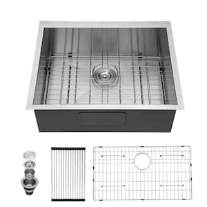 25 in. Undermount Single Bowl 18-Gauge Brushed Nickel Stainless Steel Kitchen Sink with Bottom Grid and Drying Rack