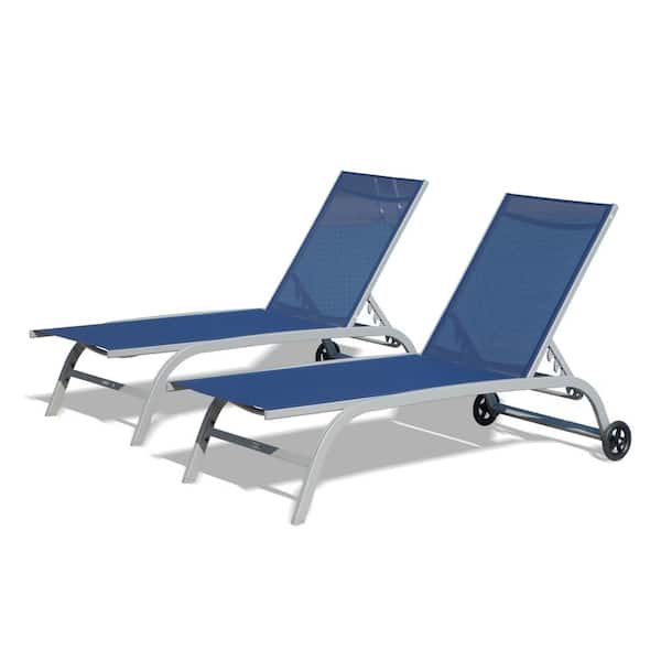 Zeus & Ruta Blue 2-Piece Metal Outdoor Chaise Lounge Chair Sunbathing Chair with Wheels and 5 Adjustable Positions for Patio, Beach
