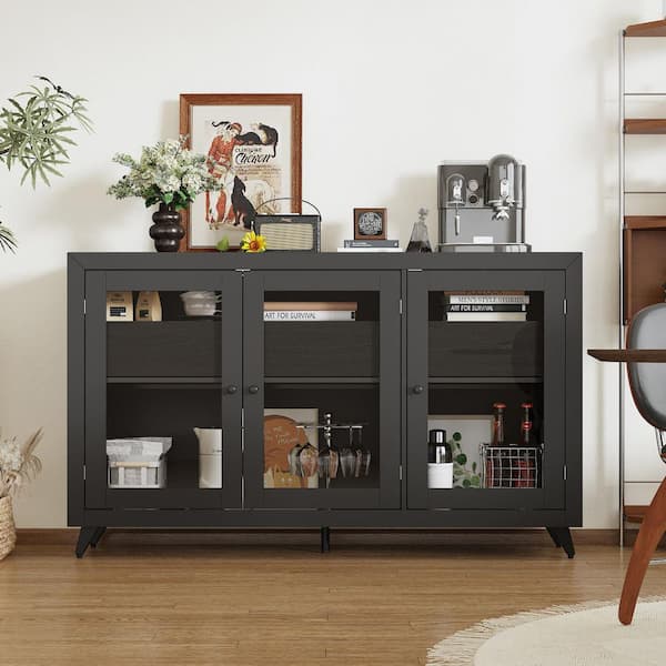 FUFU&GAGA Black Wooden Grain Wood 59 in. Width Sideboard, Storage Cabinet with 3-Drawers, 4-Shelves, 3-Glass Doors and Thick Frame