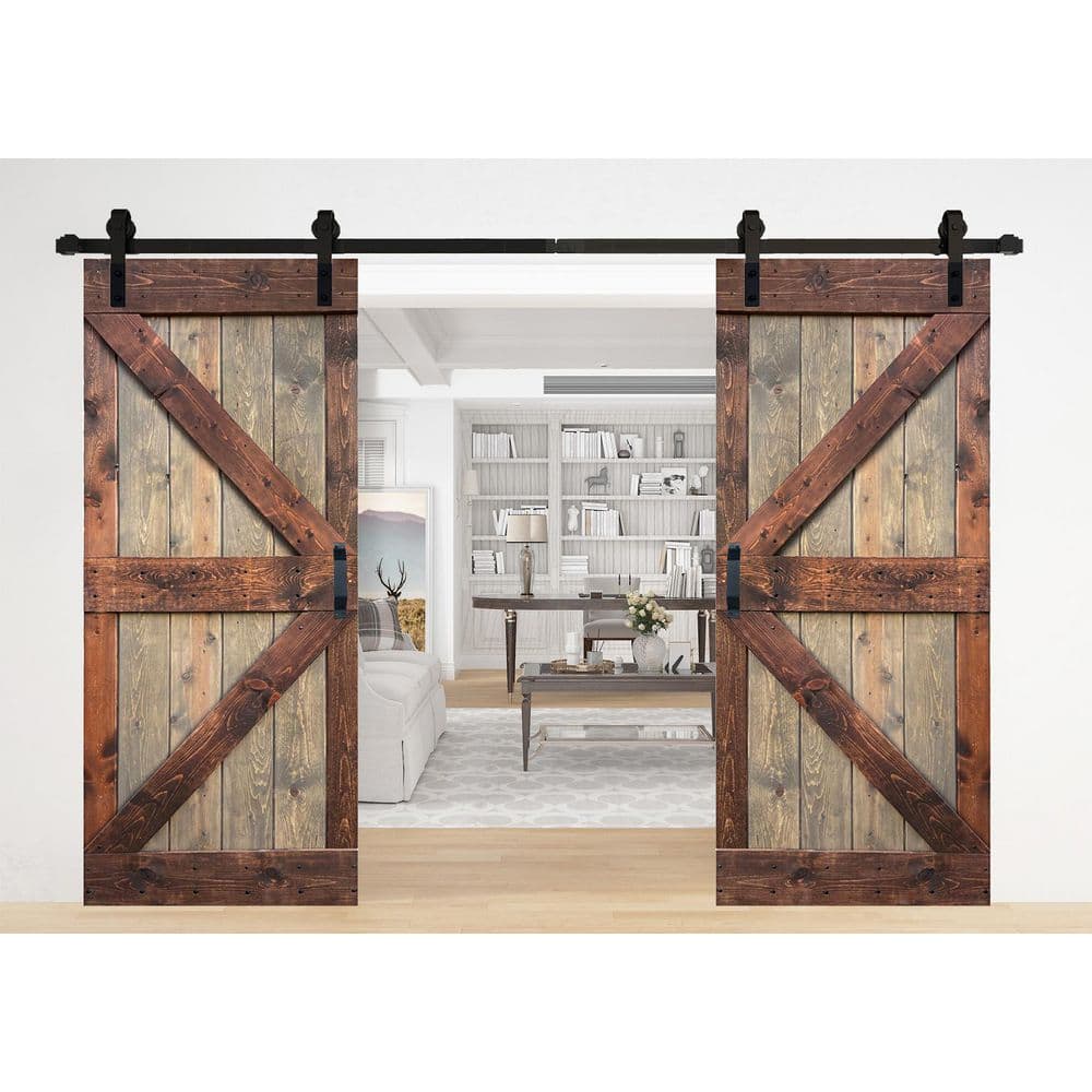 K Series 72" x 84" Brown Walnut Solid Knotty Pine Double Sliding Barn Door Kit