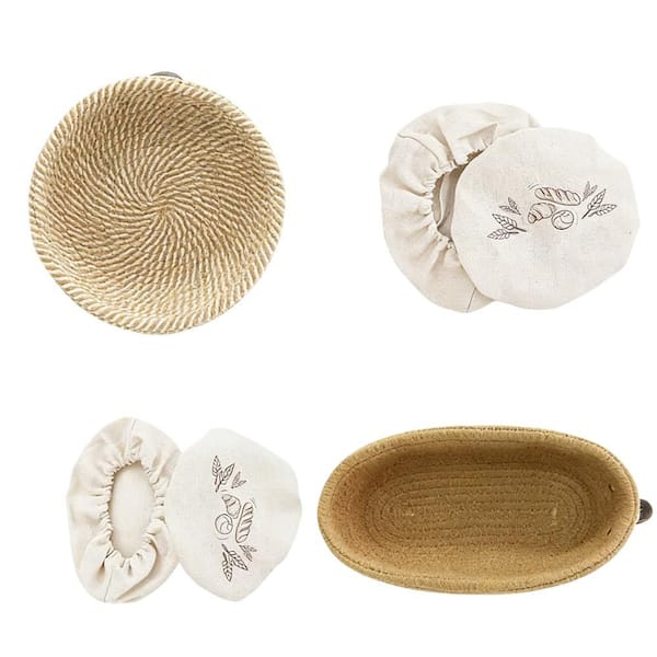9 in. 10 in. Round Oval Cotton Rope Sourdough Bread Basket Proofing Bowls with Liners and Covers for Baking (2-Pack)