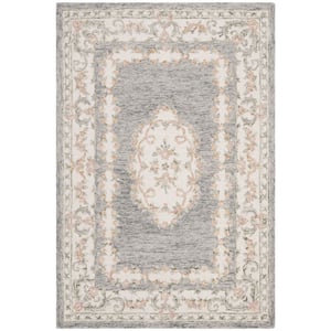 Micro-Loop Grey/Ivory 4 ft. x 6 ft. Border Floral Medallion Geometric Area Rug