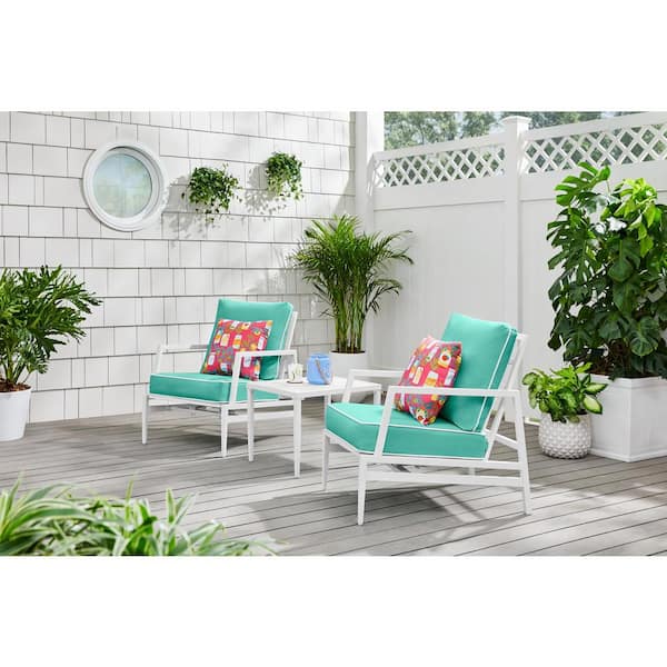 Hampton Bay Willow Cay White 3-Piece Steel Outdoor Conversation Set with CushionGuard Seabreeze Cushions