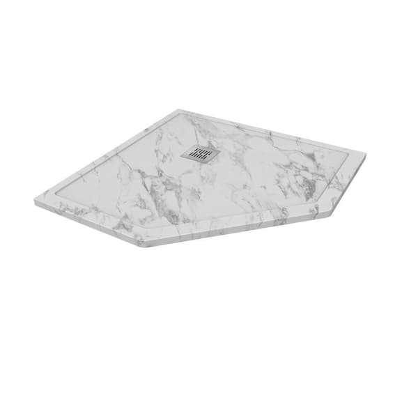 CASTICO Neo Angle 37 in. L x 37 in. W x 1.125 in. H Solid Composite Stone Shower Pan Base with Corner Drain in Carrara Sand