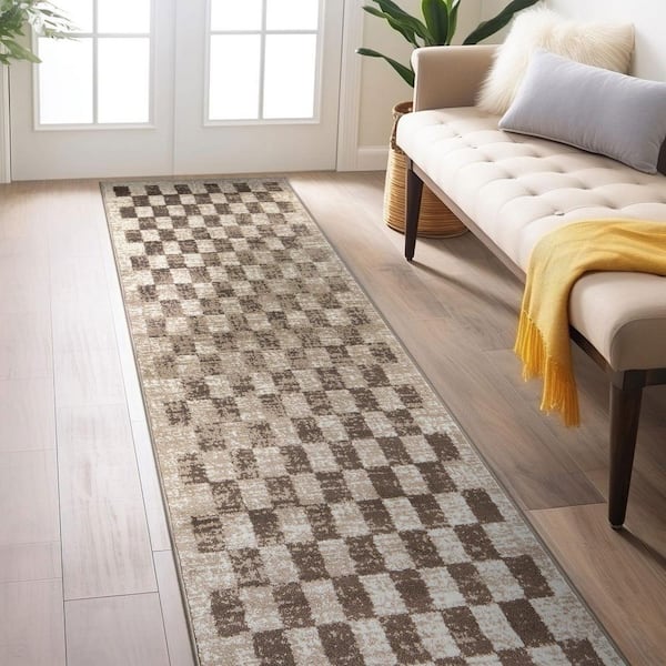 Contemporary Checkered Area Rug Beige 2 ft. 3 in. x 12 ft. Runner Rug