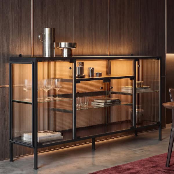 59 in. Black Metal Accent Storage Cabinet with Tempered Glass Top, 3-Color LED Lighted Glass Doors & USB Port