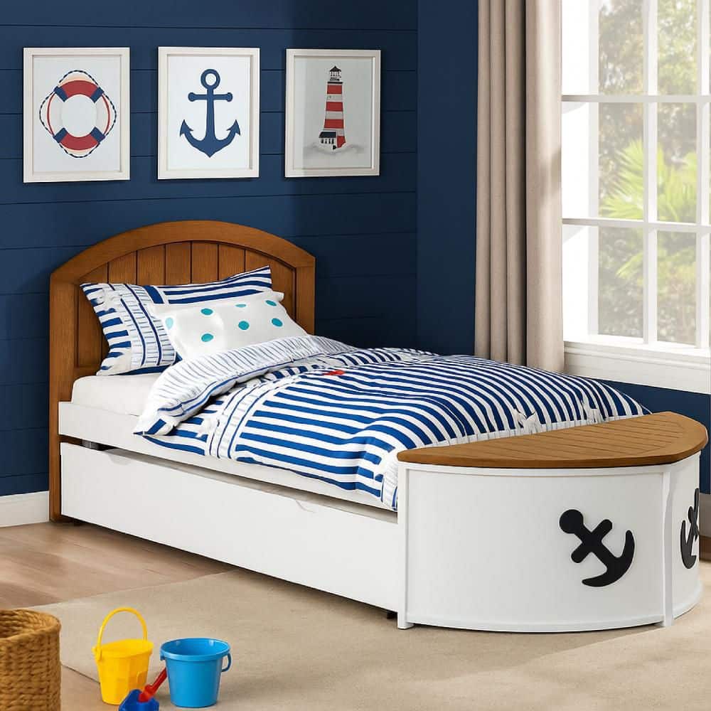 Evon Twin Captain Bed w Trundle | White | Oak Brown | Nautical Coastal Theme