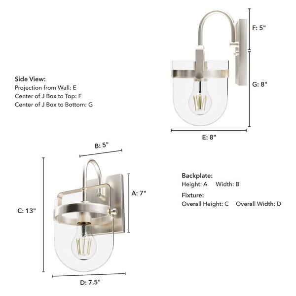 Hunter - Karloff 1-Light Brushed Nickel Wall Sconce with Clear Glass Shade